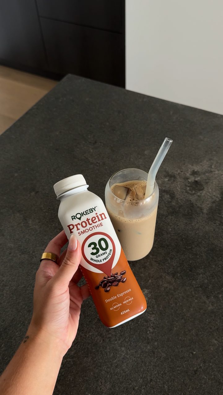 Protein drink bottle and an iced coffee